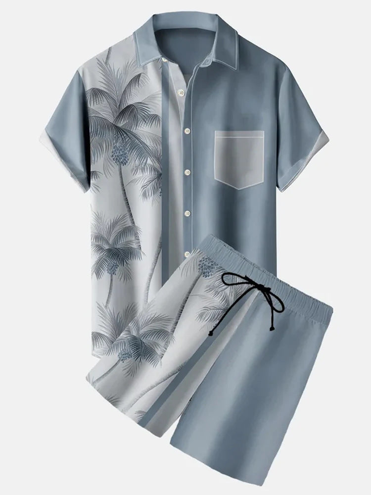 Traje de camisa de manga corta casual ajustado con solapa impresa en 3D