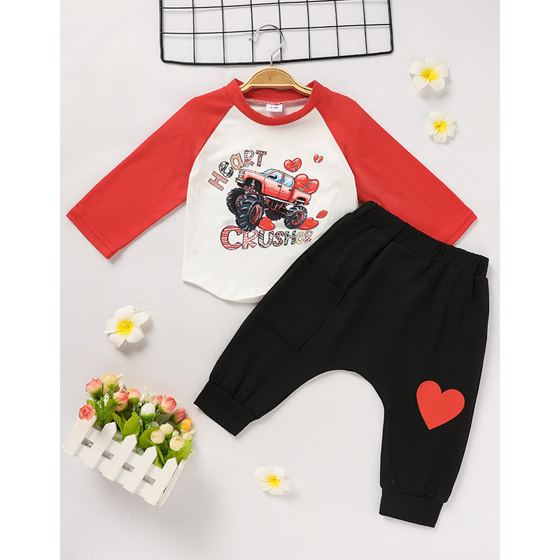 Conjunto de dos piezas para bebé de niño con estampado 'Heart Crusher' para el Día de San Valentín, camiseta de manga larga y pantalones negros con estampado de corazón