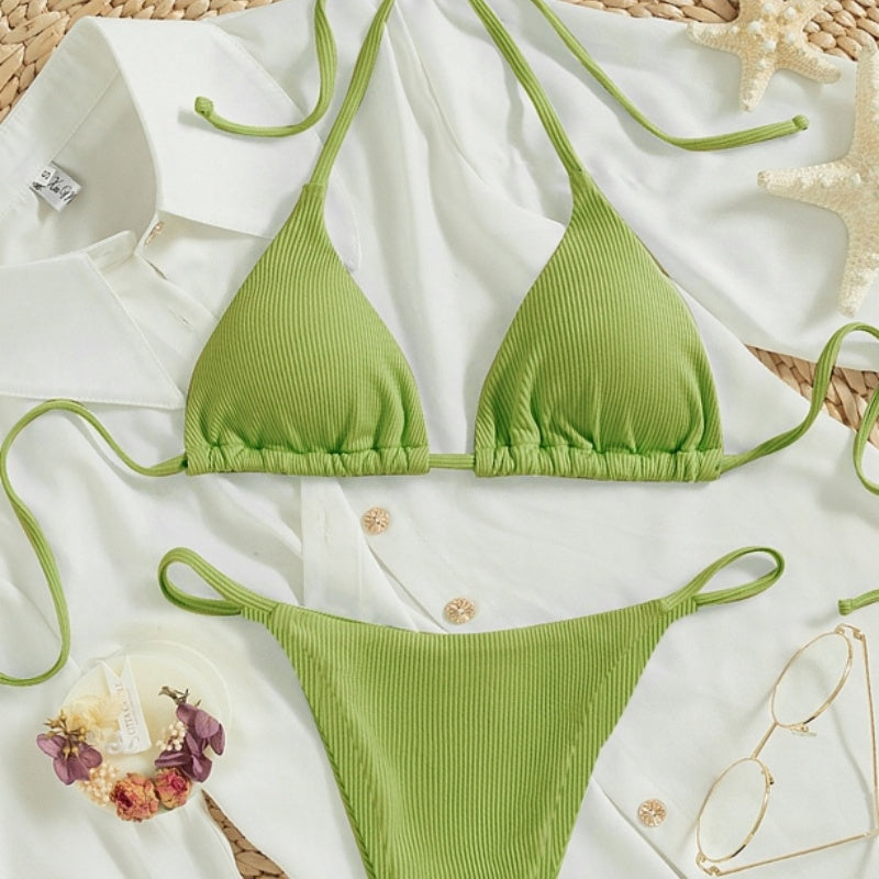 Traje de baño de dos piezas para mujer, sexy, pequeño, de canalé, con nudo, para la playa, venta al por mayor de fábrica
