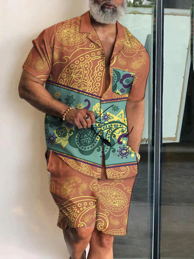 Traje de camisa de manga corta casual ajustado con solapa impresa en 3D