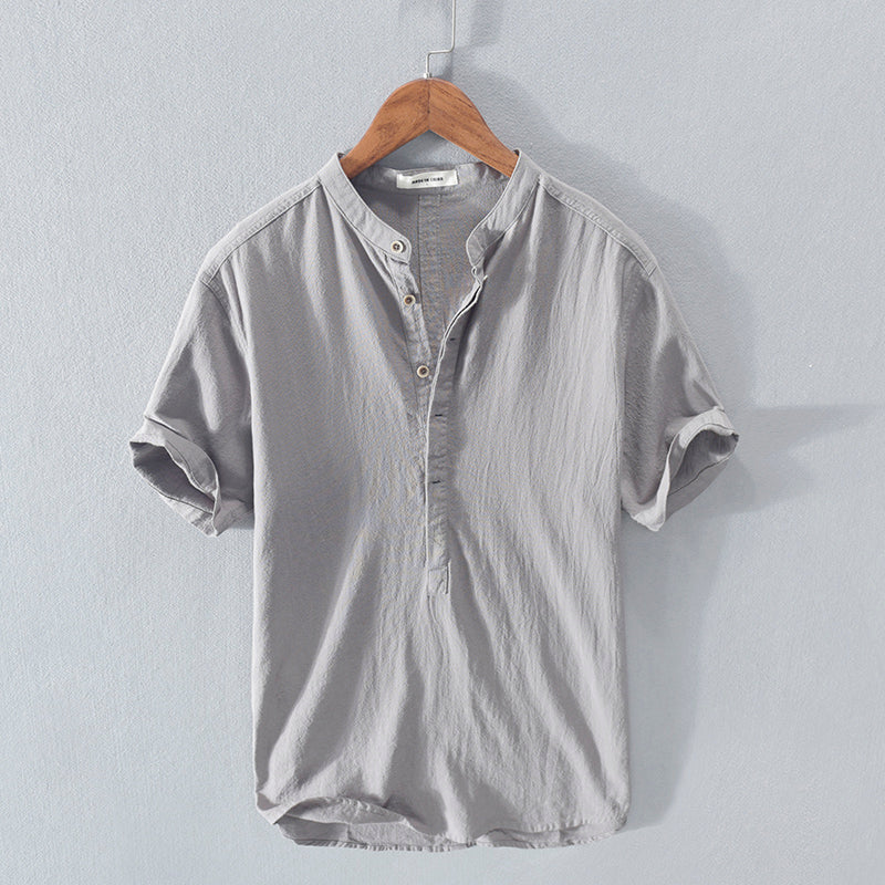 Camiseta de manga corta de lino de seda helada japonesa con cuello levantado para hombre