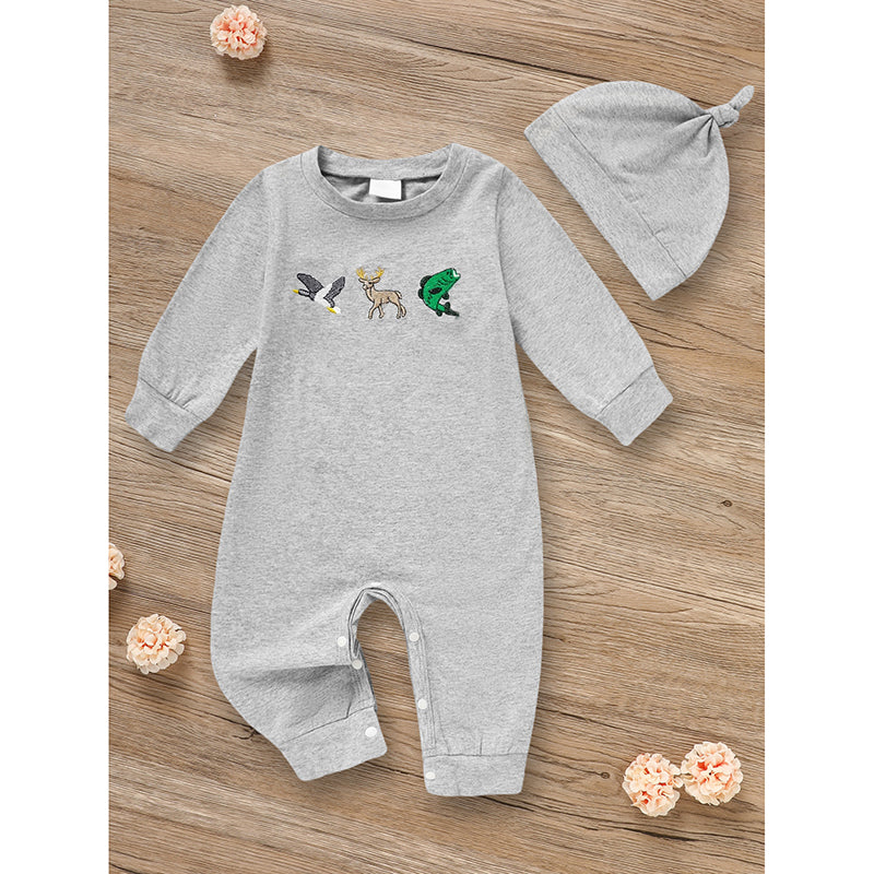 Conjuntos de ropa para bebé recién nacido niño, manga larga, estampado animal, pelele y gorro, 2 piezas, conjunto de ropa de otoño e invierno