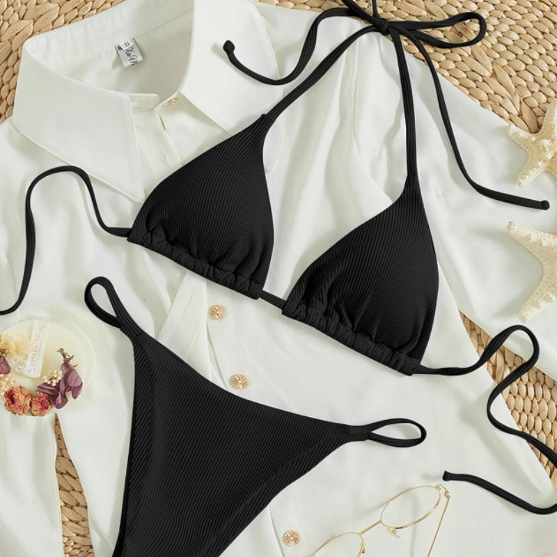 Traje de baño de dos piezas para mujer, sexy, pequeño, de canalé, con nudo, para la playa, venta al por mayor de fábrica