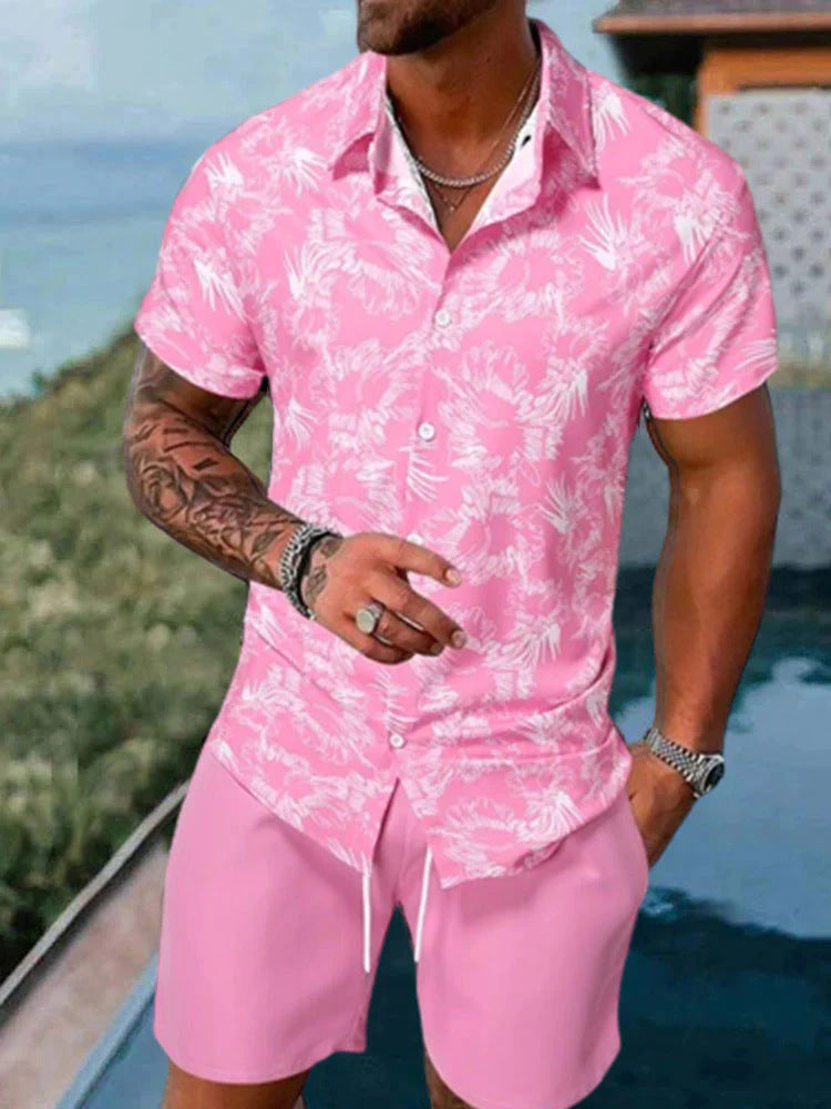 Traje de camisa de manga corta casual ajustado con solapa impresa en 3D