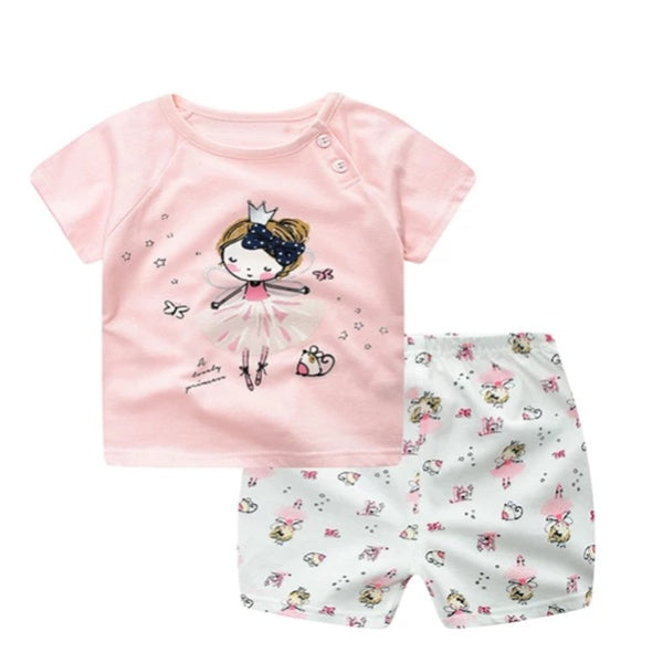 Ropa de bebé de dibujos animados para niño, ropa de verano, camiseta, conjuntos de ropa casual para niña