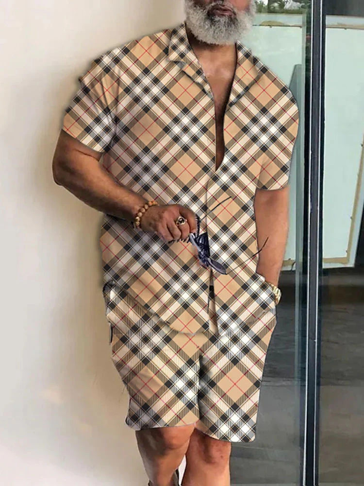 Traje de camisa de manga corta casual ajustado con solapa impresa en 3D