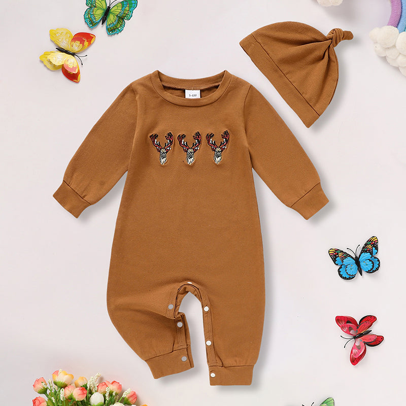Conjuntos de ropa para bebé recién nacido niño, manga larga, estampado animal, pelele y gorro, 2 piezas, conjunto de ropa de otoño e invierno