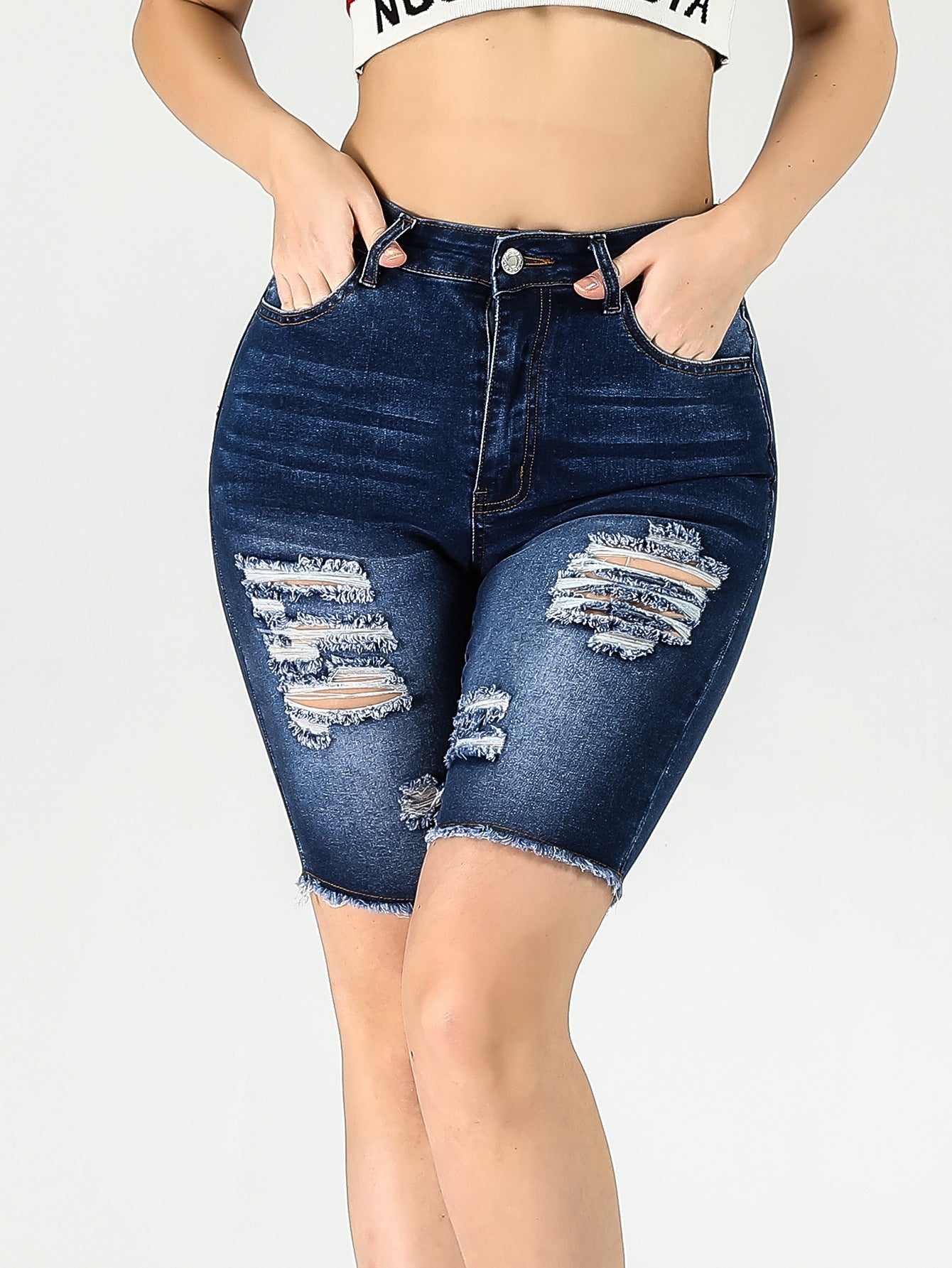 Pantalones vaqueros elásticos ajustados de tiro alto y de largo medio para mujer