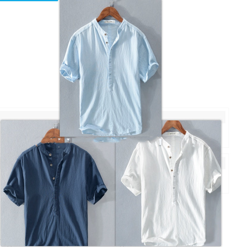 Camiseta de manga corta de lino de seda helada japonesa con cuello levantado para hombre