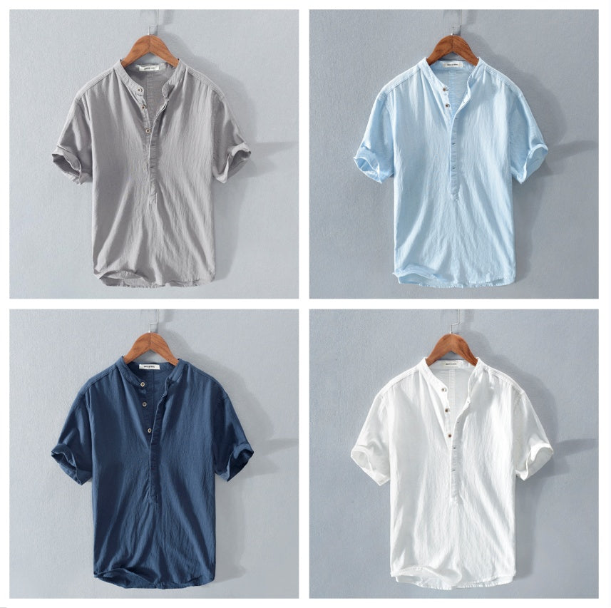 Camiseta de manga corta de lino de seda helada japonesa con cuello levantado para hombre