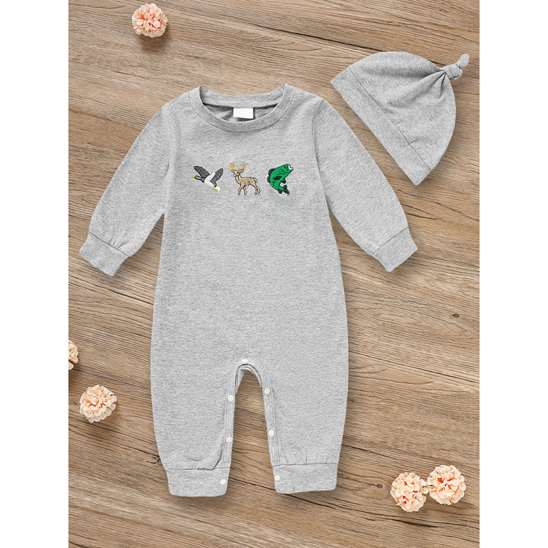 Conjuntos de ropa para bebé recién nacido niño, manga larga, estampado animal, pelele y gorro, 2 piezas, conjunto de ropa de otoño e invierno
