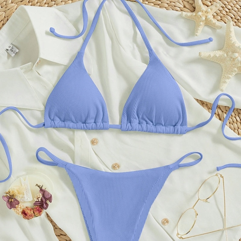 Traje de baño de dos piezas para mujer, sexy, pequeño, de canalé, con nudo, para la playa, venta al por mayor de fábrica