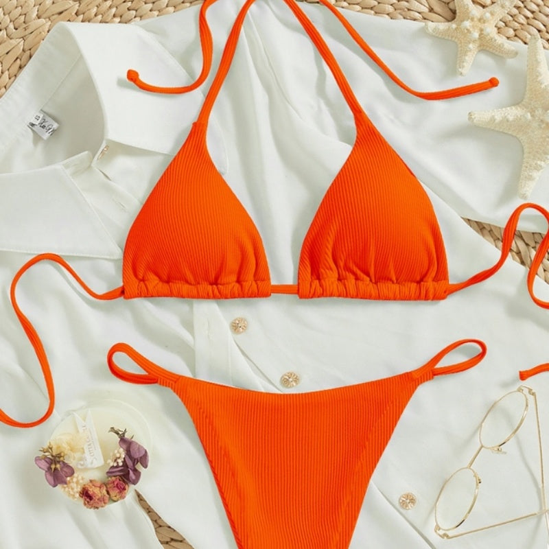 Traje de baño de dos piezas para mujer, sexy, pequeño, de canalé, con nudo, para la playa, venta al por mayor de fábrica