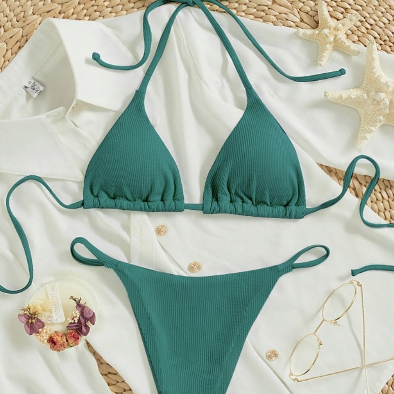 Traje de baño de dos piezas para mujer, sexy, pequeño, de canalé, con nudo, para la playa, venta al por mayor de fábrica