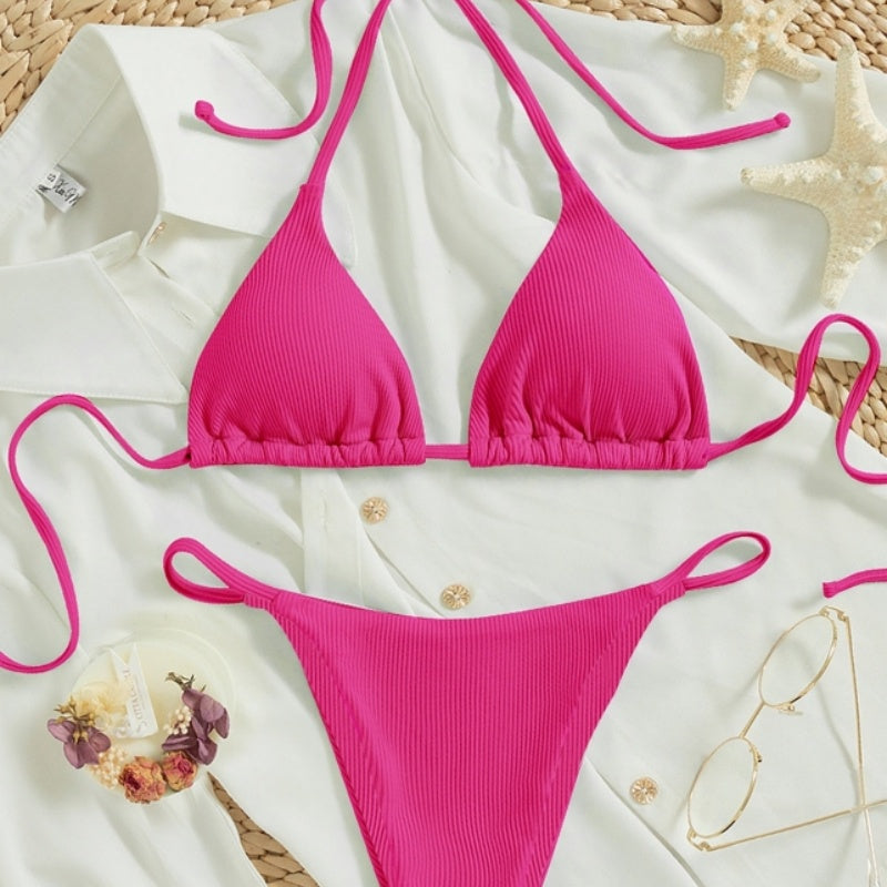 Traje de baño de dos piezas para mujer, sexy, pequeño, de canalé, con nudo, para la playa, venta al por mayor de fábrica