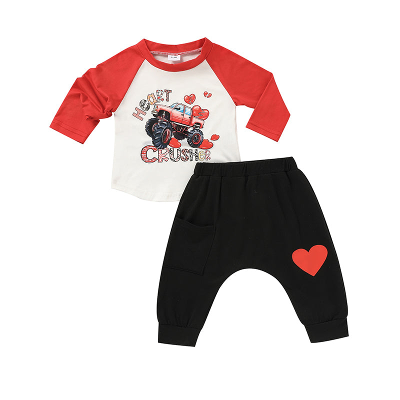 Conjunto de dos piezas para bebé de niño con estampado 'Heart Crusher' para el Día de San Valentín, camiseta de manga larga y pantalones negros con estampado de corazón