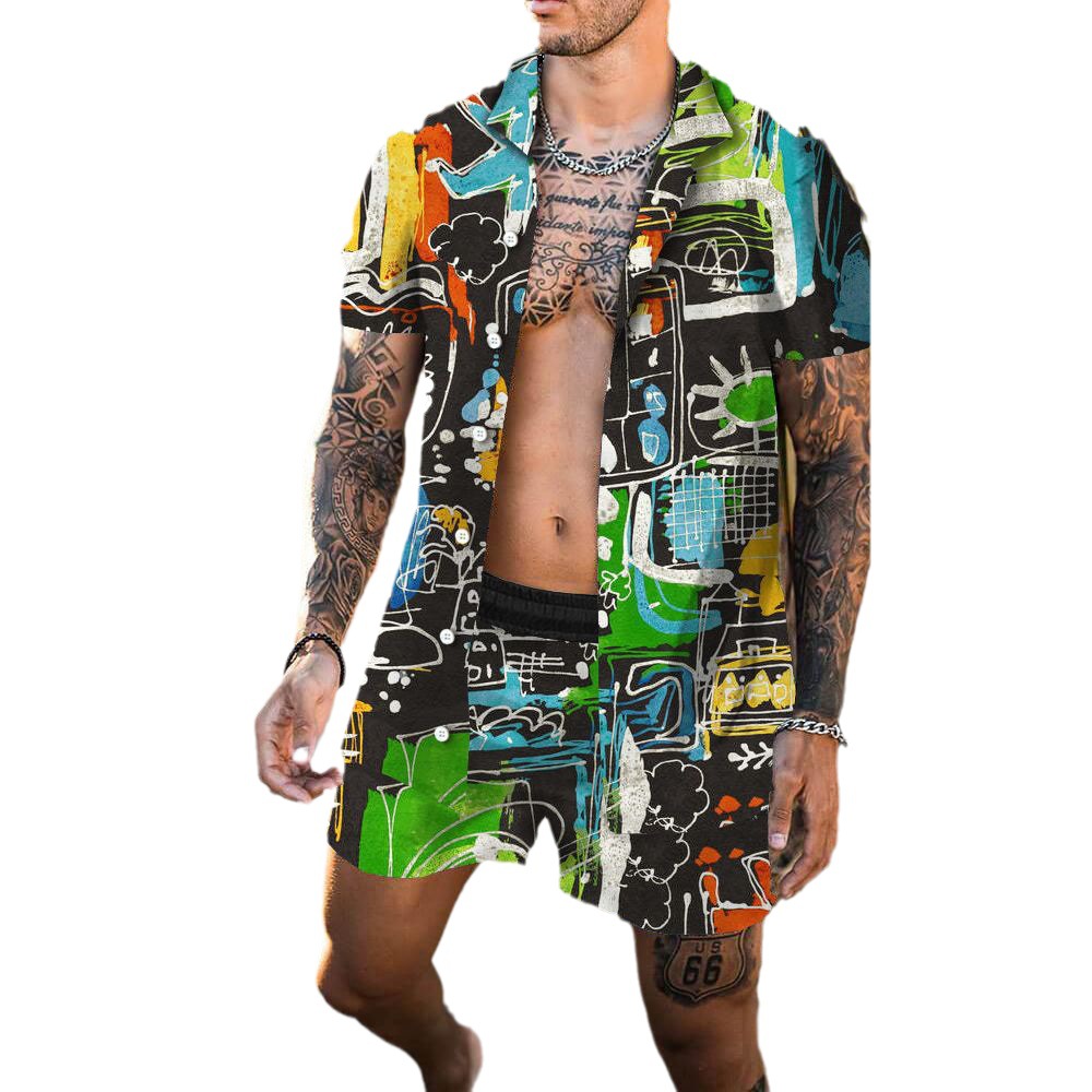 Traje de camisa de manga corta casual ajustado con solapa impresa en 3D