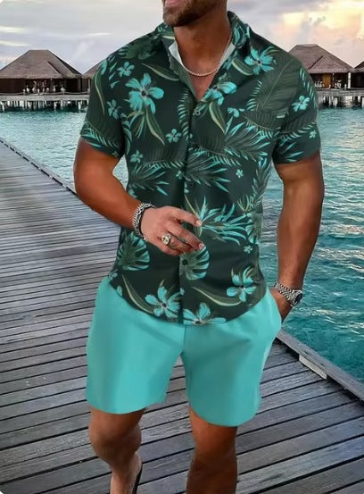 Traje de camisa de manga corta casual ajustado con solapa impresa en 3D