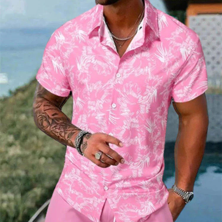 Traje de camisa de manga corta casual ajustado con solapa impresa en 3D