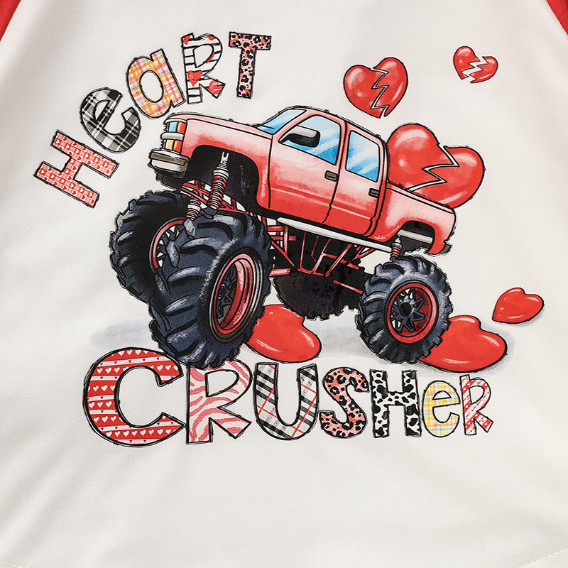Conjunto de dos piezas para bebé de niño con estampado 'Heart Crusher' para el Día de San Valentín, camiseta de manga larga y pantalones negros con estampado de corazón