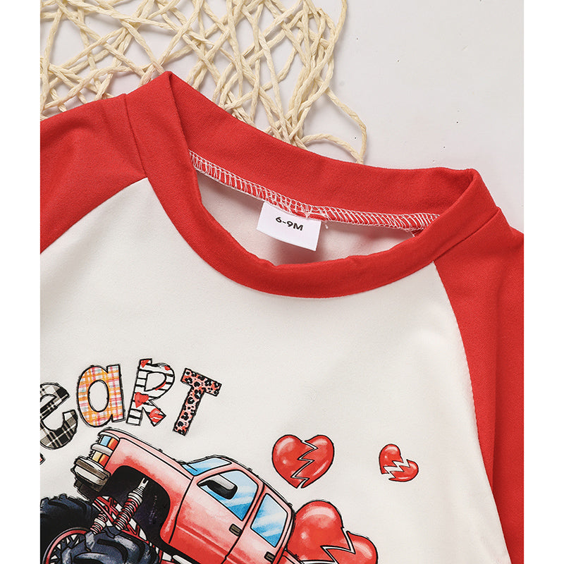 Conjunto de dos piezas para bebé de niño con estampado 'Heart Crusher' para el Día de San Valentín, camiseta de manga larga y pantalones negros con estampado de corazón