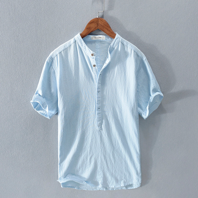 Camiseta de manga corta de lino de seda helada japonesa con cuello levantado para hombre