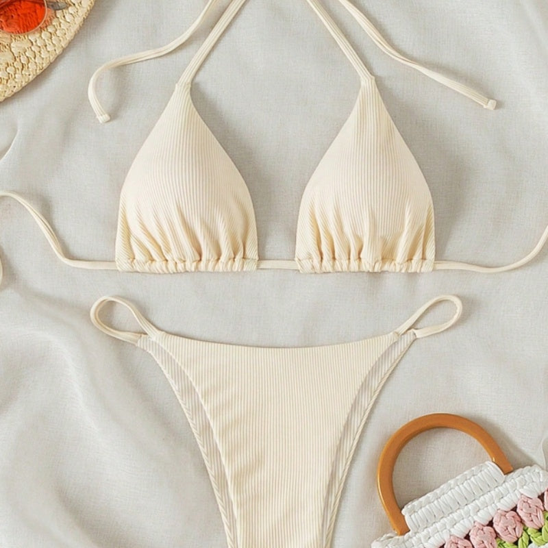 Traje de baño de dos piezas para mujer, sexy, pequeño, de canalé, con nudo, para la playa, venta al por mayor de fábrica