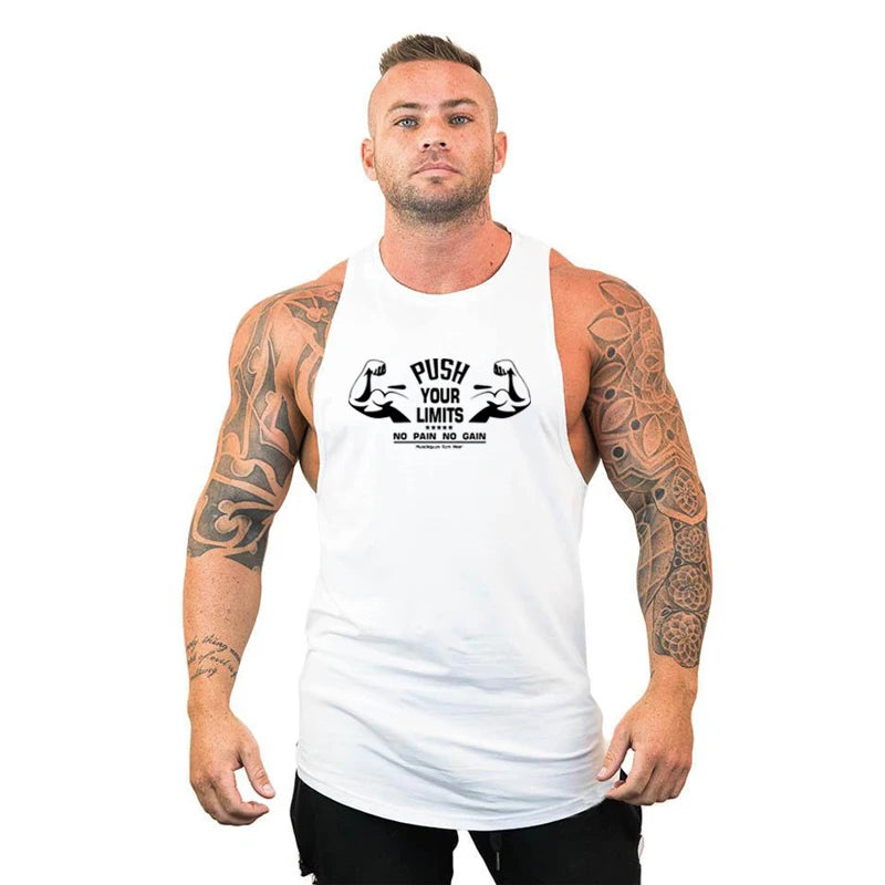 PUSH YOUR LIMITS NO PAIN NO GAIN Gym Vest Mens Bodybuilding Tank Tops Summer Cotton Fitness Sleeveless Shirt Workout Clothing
