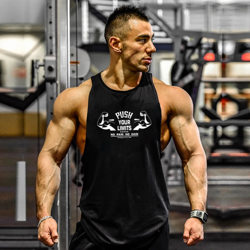 PUSH YOUR LIMITS NO PAIN NO GAIN Gym Vest Mens Bodybuilding Tank Tops Summer Cotton Fitness Sleeveless Shirt Workout Clothing