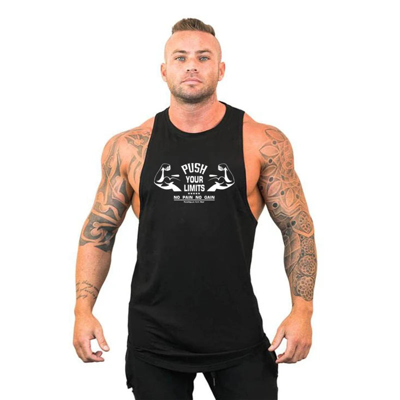 PUSH YOUR LIMITS NO PAIN NO GAIN Gym Vest Mens Bodybuilding Tank Tops Summer Cotton Fitness Sleeveless Shirt Workout Clothing