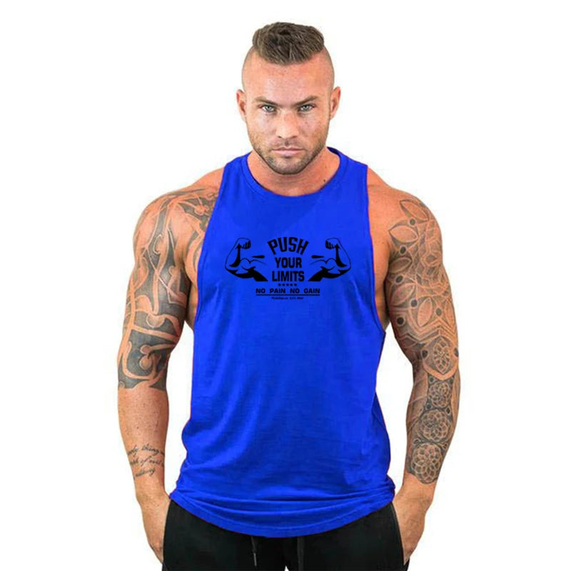 PUSH YOUR LIMITS NO PAIN NO GAIN Gym Vest Mens Bodybuilding Tank Tops Summer Cotton Fitness Sleeveless Shirt Workout Clothing