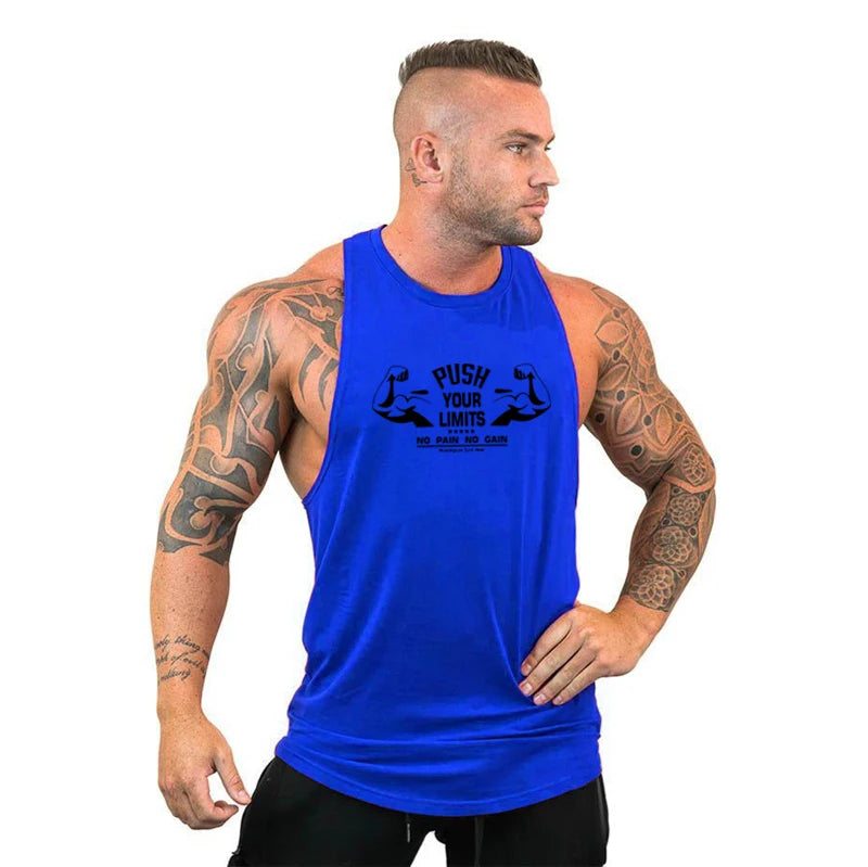 PUSH YOUR LIMITS NO PAIN NO GAIN Gym Vest Mens Bodybuilding Tank Tops Summer Cotton Fitness Sleeveless Shirt Workout Clothing