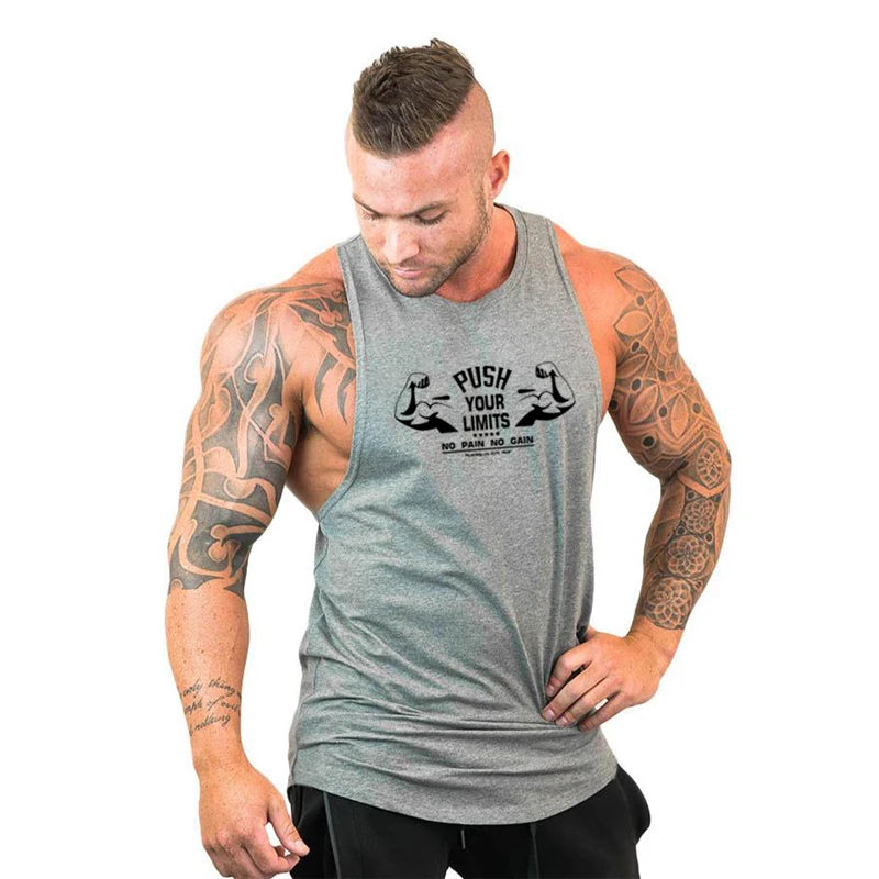 PUSH YOUR LIMITS NO PAIN NO GAIN Gym Vest Mens Bodybuilding Tank Tops Summer Cotton Fitness Sleeveless Shirt Workout Clothing