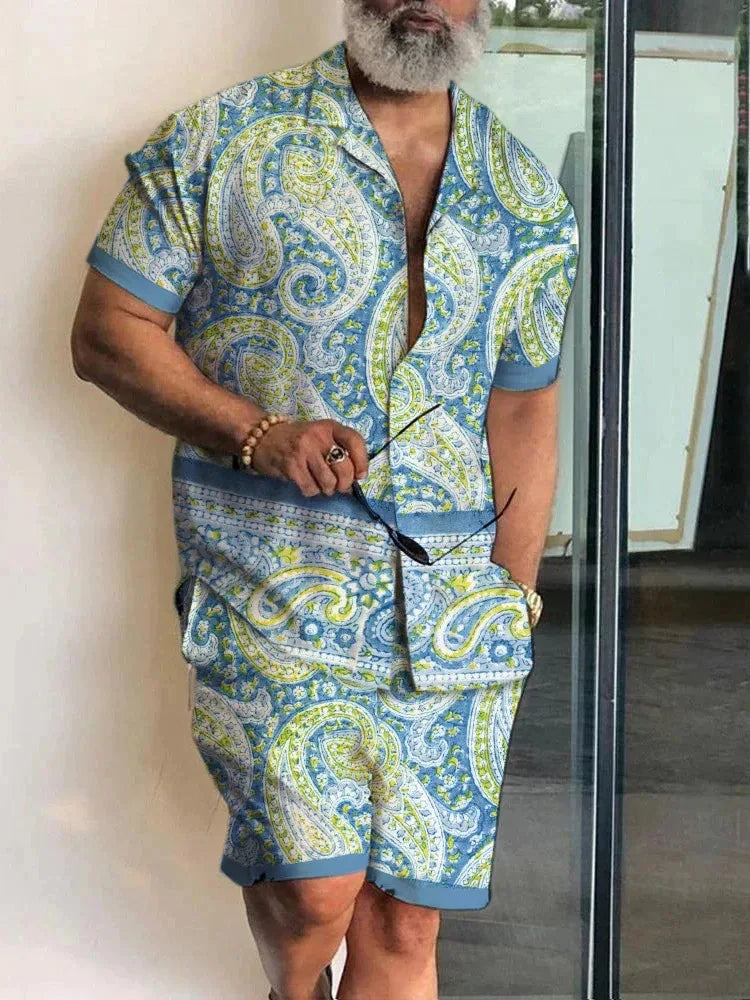2024 Summer Men's Temperament Shirt Set Men's Hawaii Vacation Short Sleeve Top Drawstring Shorts 2 Pcs Boutique Party Dresses