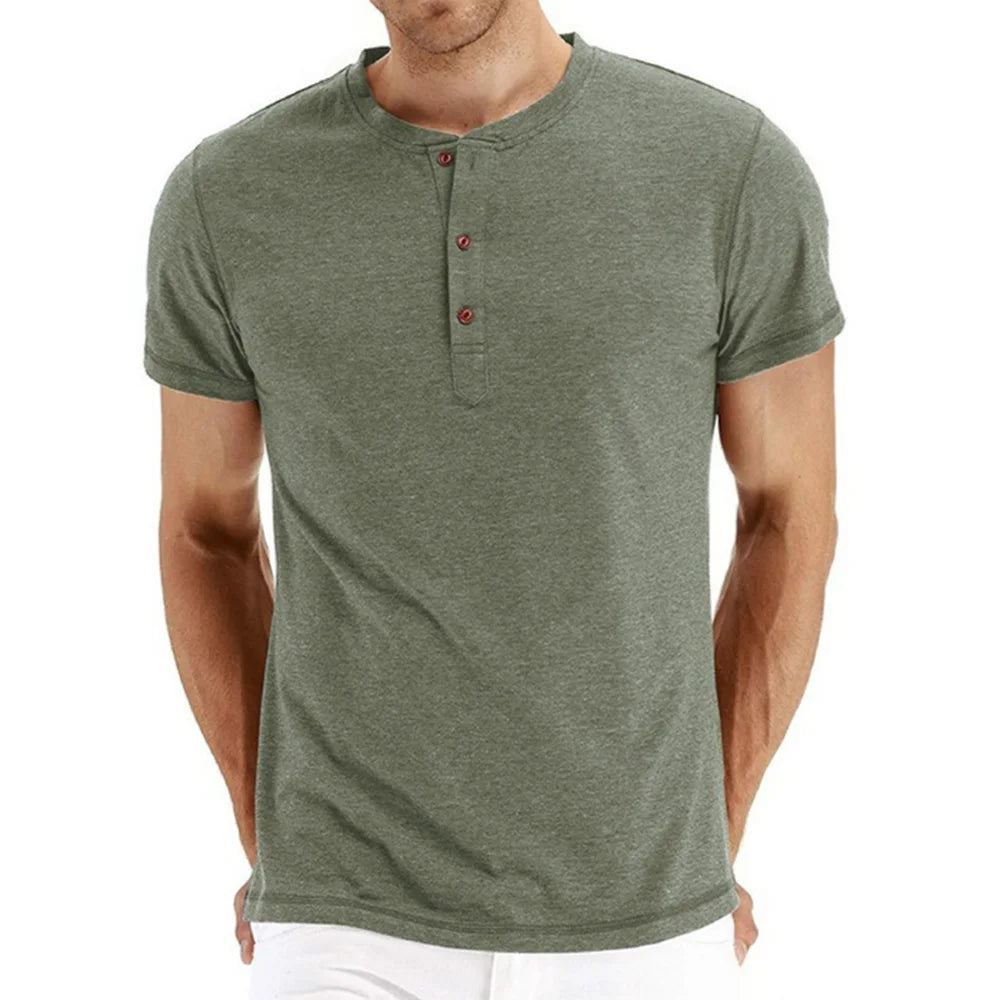Brand Quality Cotton Men T-shirt Henry Neck Fashion Design Slim Fit Solid T-shirts Male Tops Tees Short Sleeve T Shirt For Men