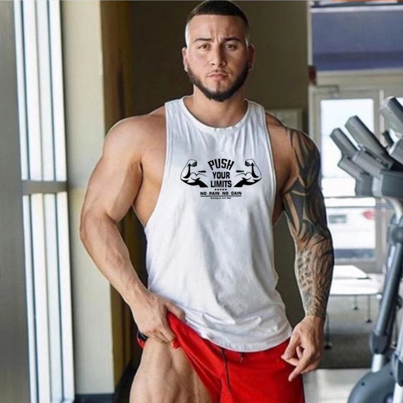 PUSH YOUR LIMITS NO PAIN NO GAIN Gym Vest Mens Bodybuilding Tank Tops Summer Cotton Fitness Sleeveless Shirt Workout Clothing