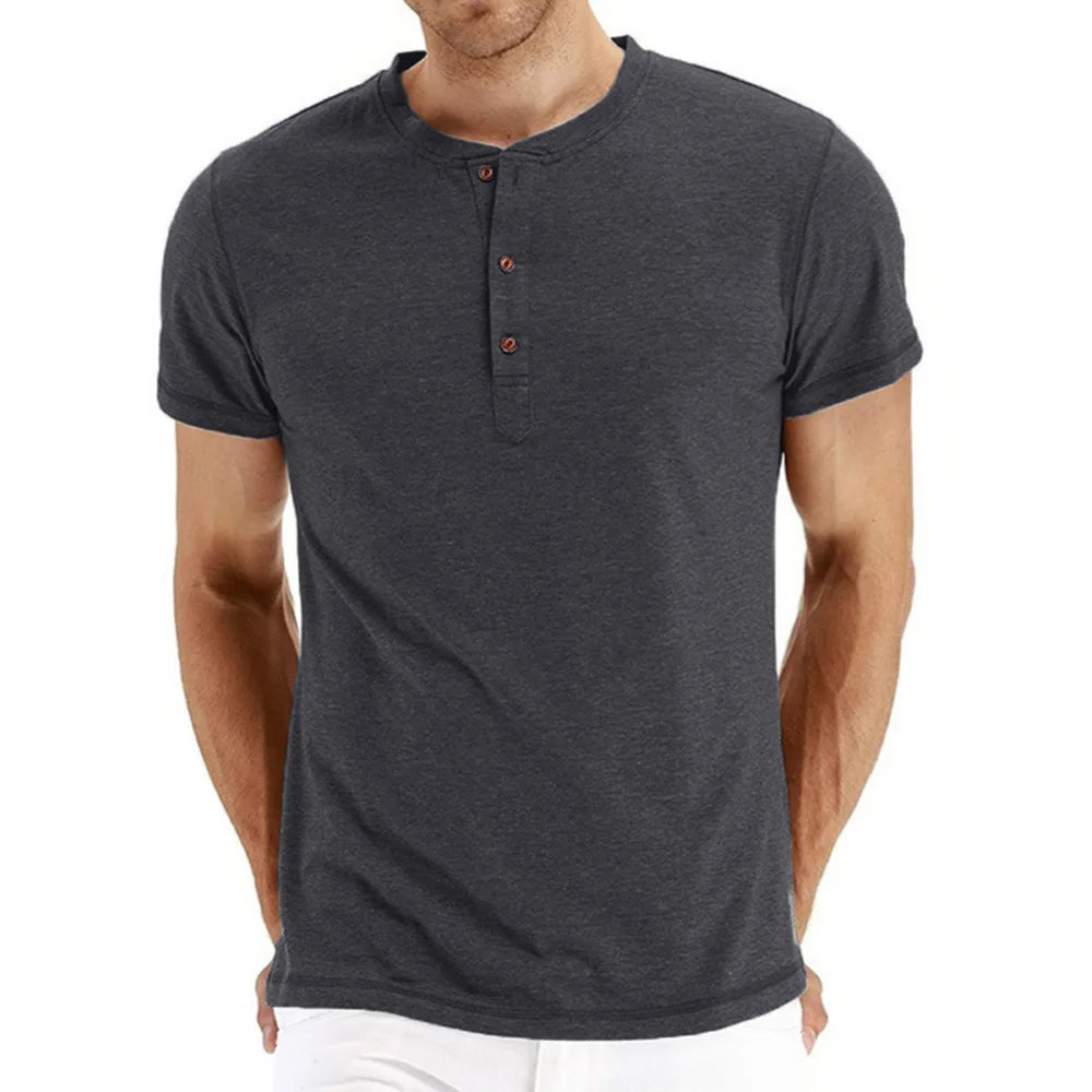 Brand Quality Cotton Men T-shirt Henry Neck Fashion Design Slim Fit Solid T-shirts Male Tops Tees Short Sleeve T Shirt For Men