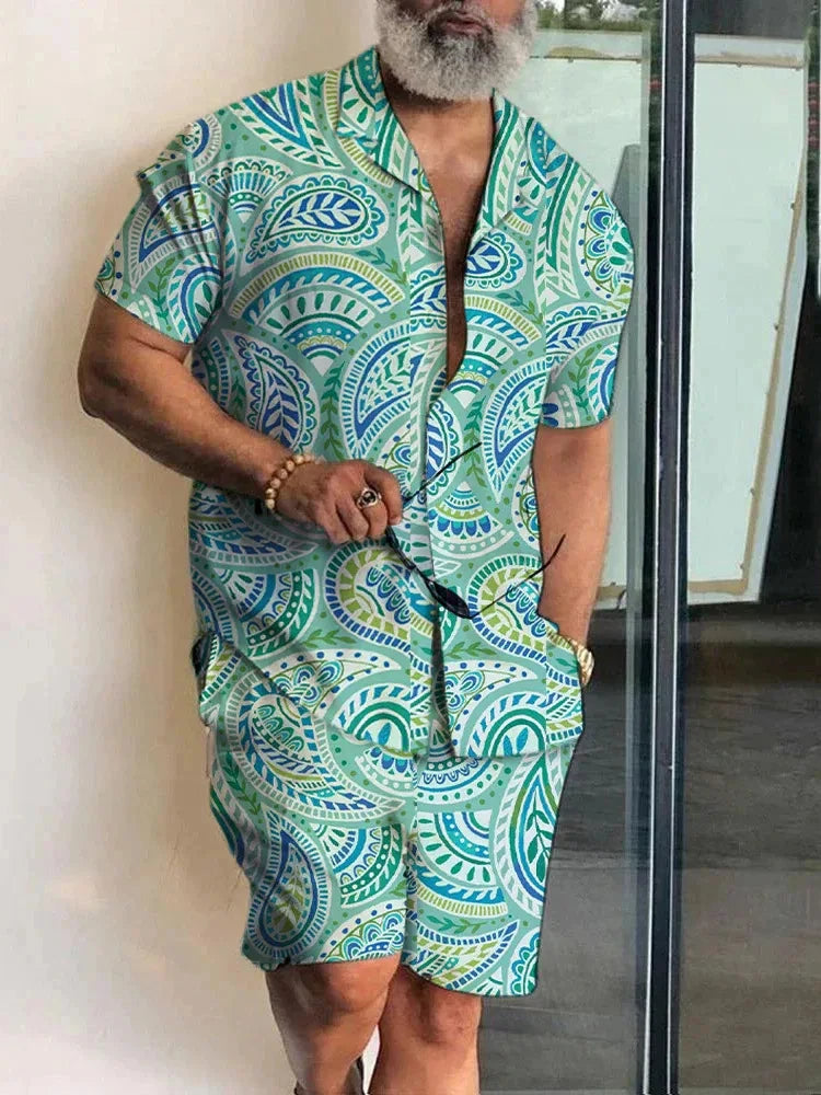 2024 Summer Men's Temperament Shirt Set Men's Hawaii Vacation Short Sleeve Top Drawstring Shorts 2 Pcs Boutique Party Dresses