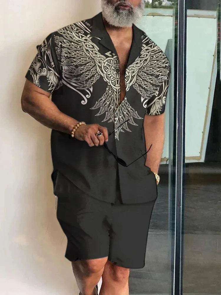 2024 Summer Men's Temperament Shirt Set Men's Hawaii Vacation Short Sleeve Top Drawstring Shorts 2 Pcs Boutique Party Dresses
