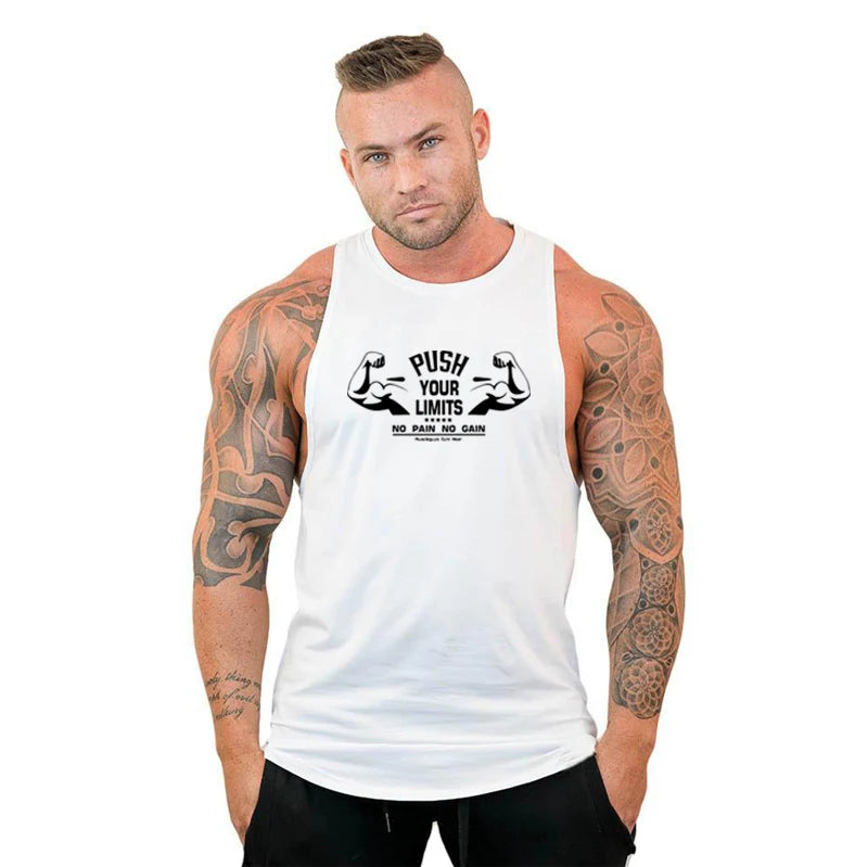 PUSH YOUR LIMITS NO PAIN NO GAIN Gym Vest Mens Bodybuilding Tank Tops Summer Cotton Fitness Sleeveless Shirt Workout Clothing