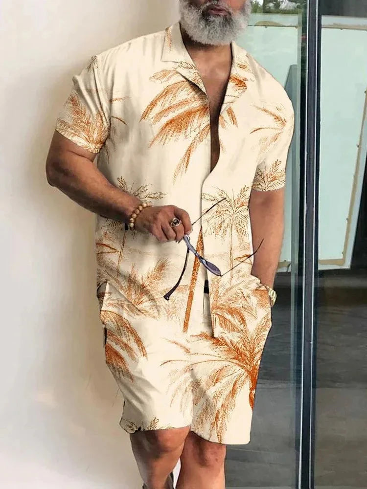 2024 Summer Men's Temperament Shirt Set Men's Hawaii Vacation Short Sleeve Top Drawstring Shorts 2 Pcs Boutique Party Dresses