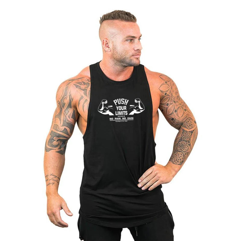 PUSH YOUR LIMITS NO PAIN NO GAIN Gym Vest Mens Bodybuilding Tank Tops Summer Cotton Fitness Sleeveless Shirt Workout Clothing