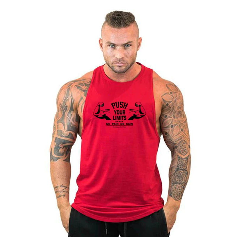 PUSH YOUR LIMITS NO PAIN NO GAIN Gym Vest Mens Bodybuilding Tank Tops Summer Cotton Fitness Sleeveless Shirt Workout Clothing