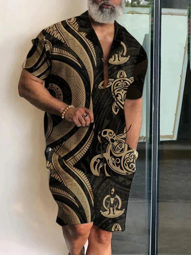 2024 Summer Men's Temperament Shirt Set Men's Hawaii Vacation Short Sleeve Top Drawstring Shorts 2 Pcs Boutique Party Dresses