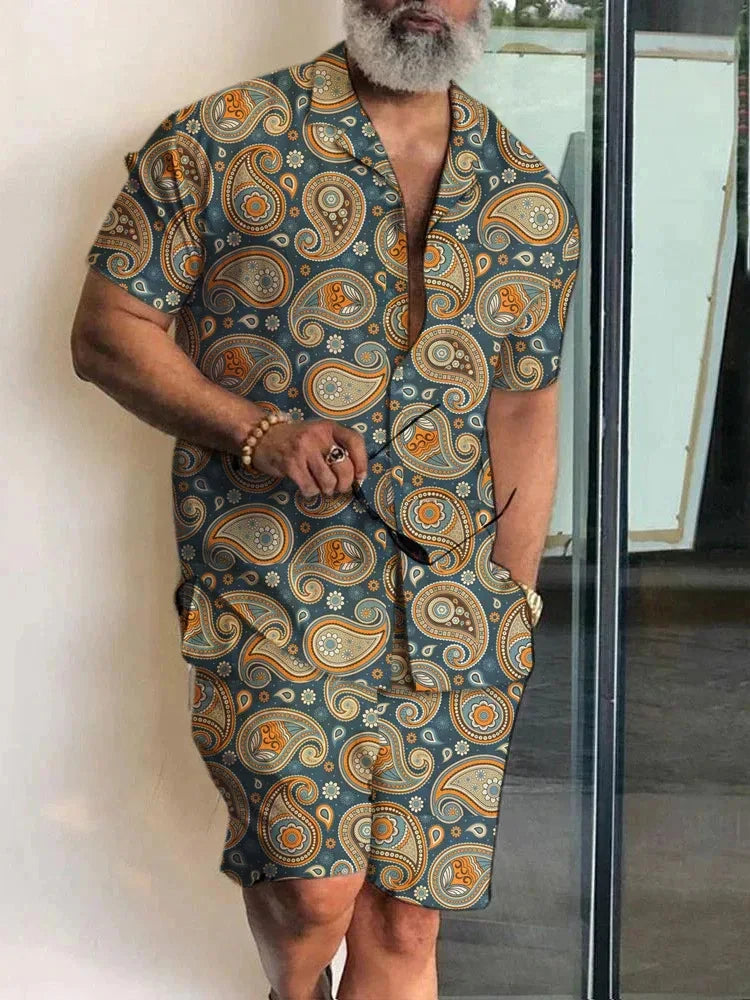 2024 Summer Men's Temperament Shirt Set Men's Hawaii Vacation Short Sleeve Top Drawstring Shorts 2 Pcs Boutique Party Dresses