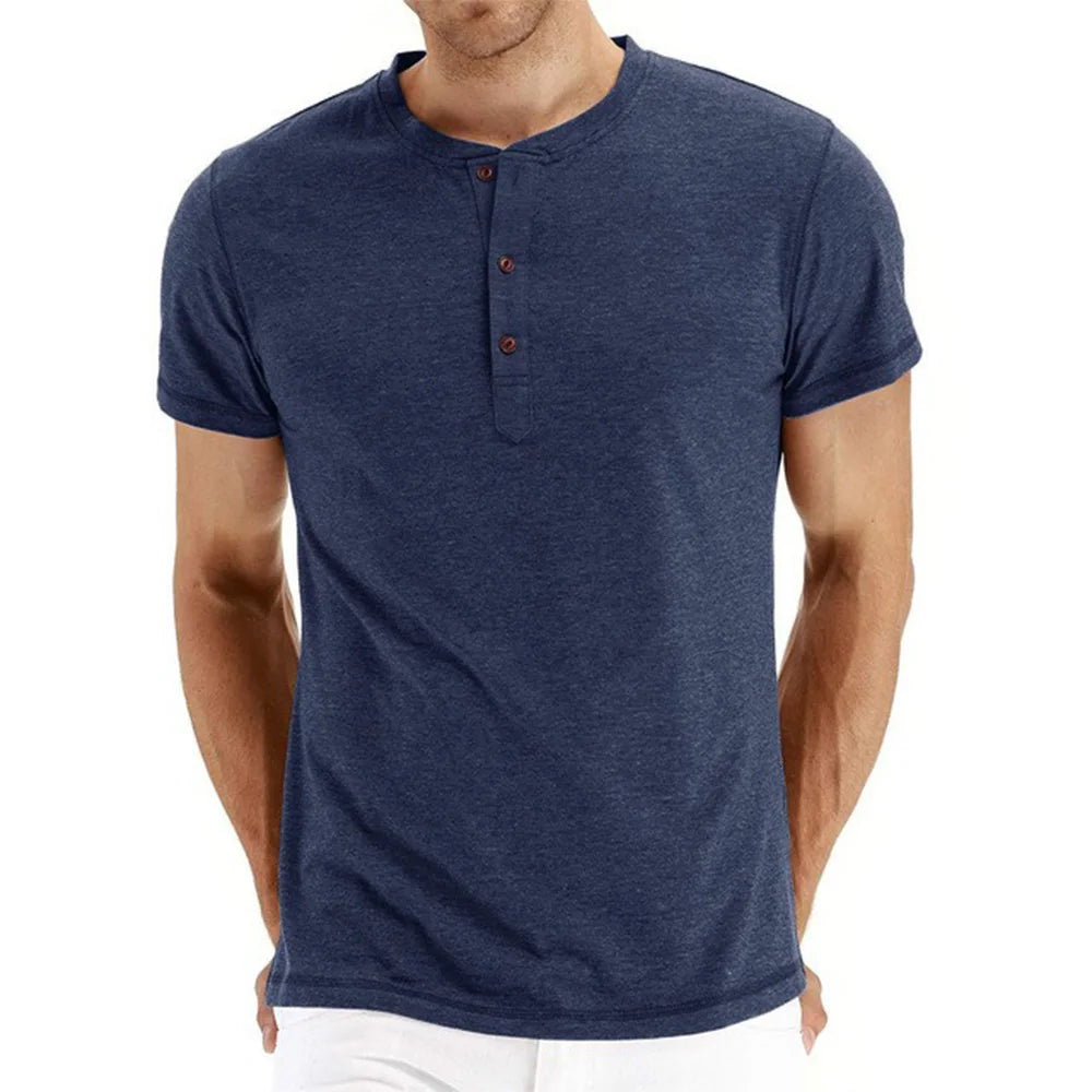 Brand Quality Cotton Men T-shirt Henry Neck Fashion Design Slim Fit Solid T-shirts Male Tops Tees Short Sleeve T Shirt For Men