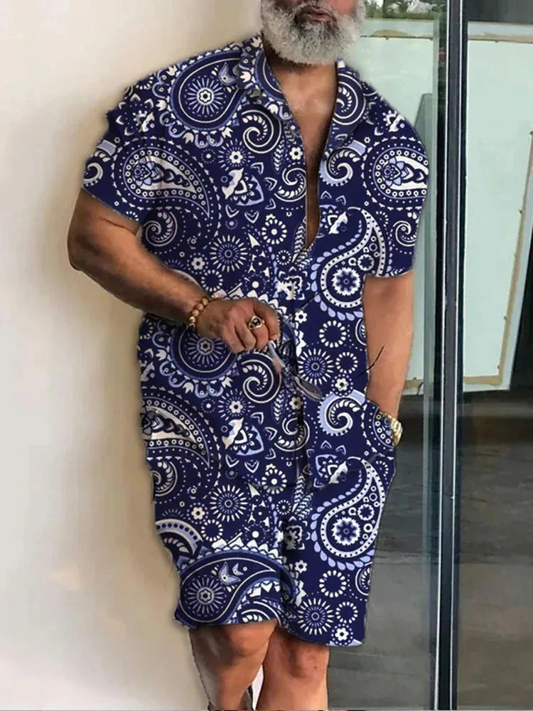 2024 Summer Men's Temperament Shirt Set Men's Hawaii Vacation Short Sleeve Top Drawstring Shorts 2 Pcs Boutique Party Dresses
