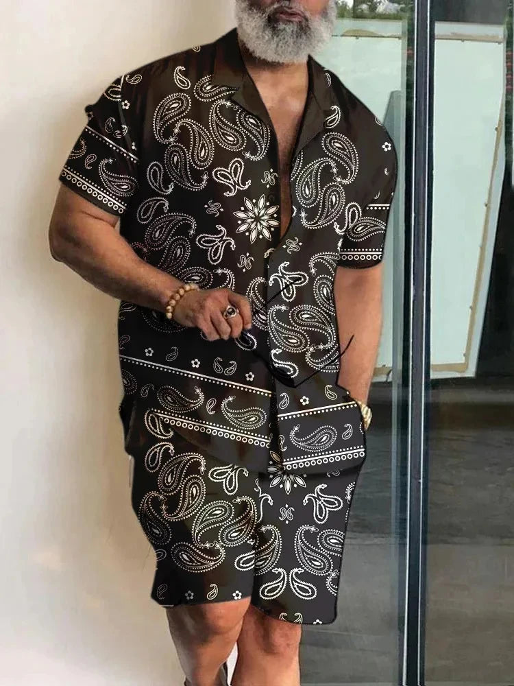 2024 Summer Men's Temperament Shirt Set Men's Hawaii Vacation Short Sleeve Top Drawstring Shorts 2 Pcs Boutique Party Dresses