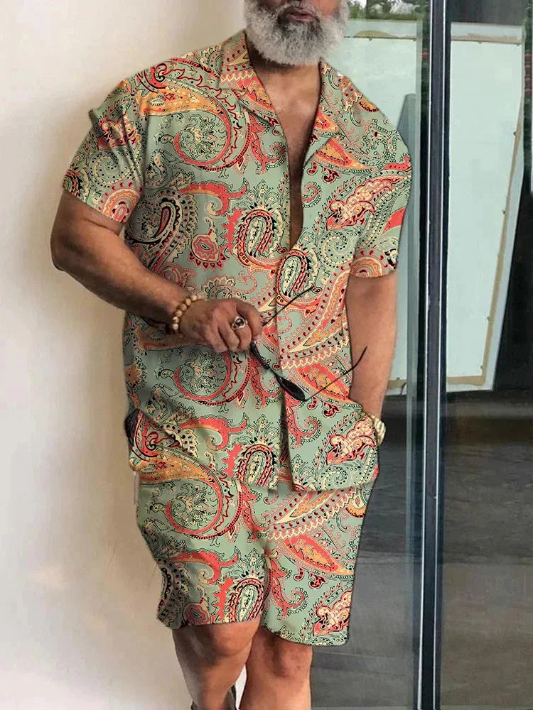 2024 Summer Men's Temperament Shirt Set Men's Hawaii Vacation Short Sleeve Top Drawstring Shorts 2 Pcs Boutique Party Dresses