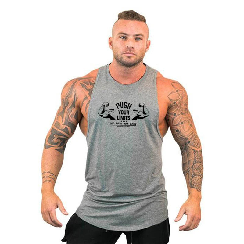 PUSH YOUR LIMITS NO PAIN NO GAIN Gym Vest Mens Bodybuilding Tank Tops Summer Cotton Fitness Sleeveless Shirt Workout Clothing